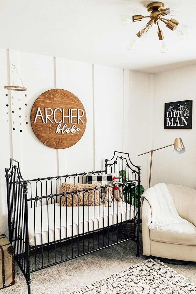 Neutral Colors With Black Crib Nursery Design For Boy #blackcrib #woodsign