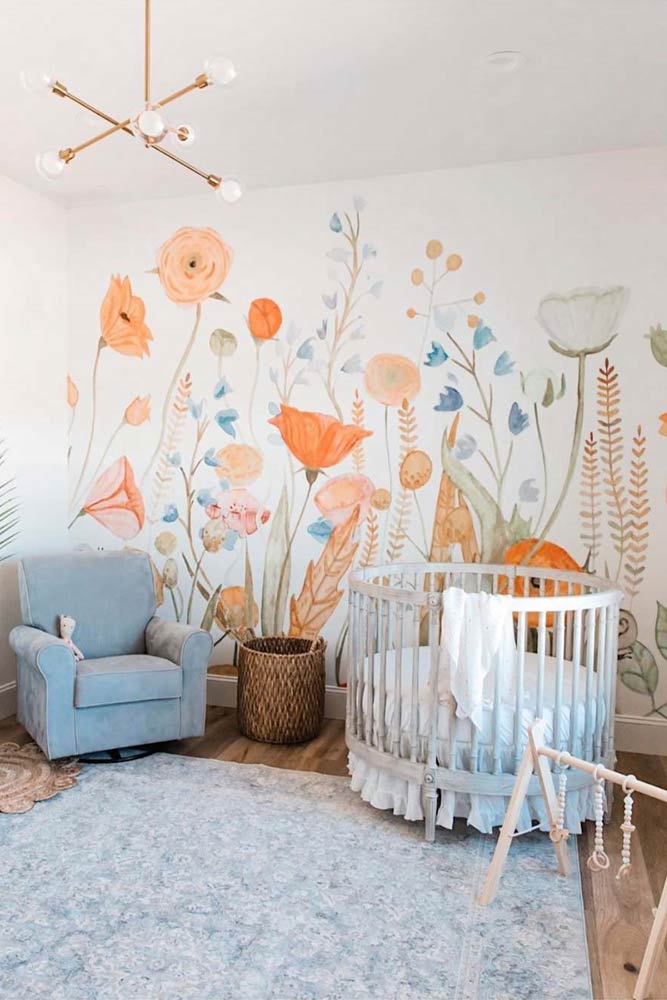 Neutral Nursery Idea With Floral Wall Decor #paintedwall #bohonursery