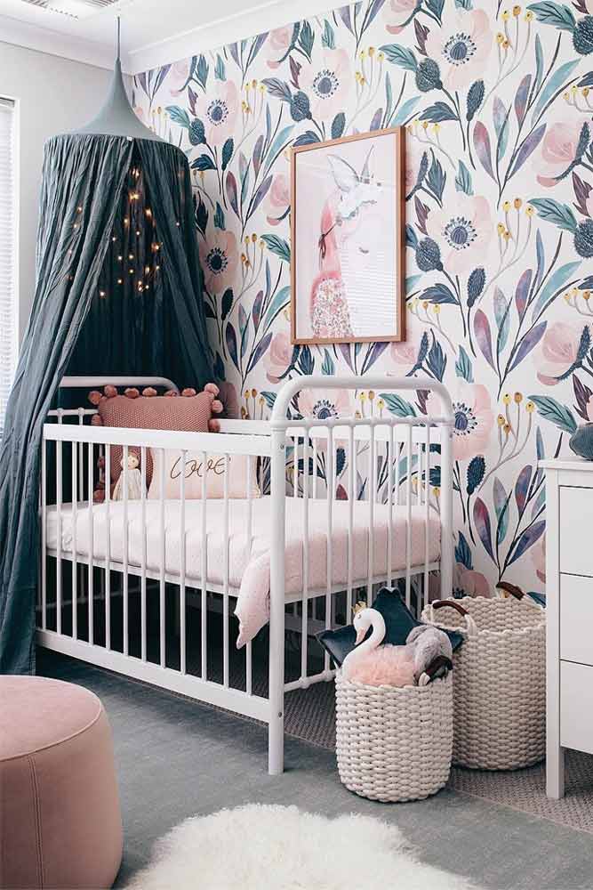 Nursery Design With Painted Walls For Girls #canopy #floralwalls