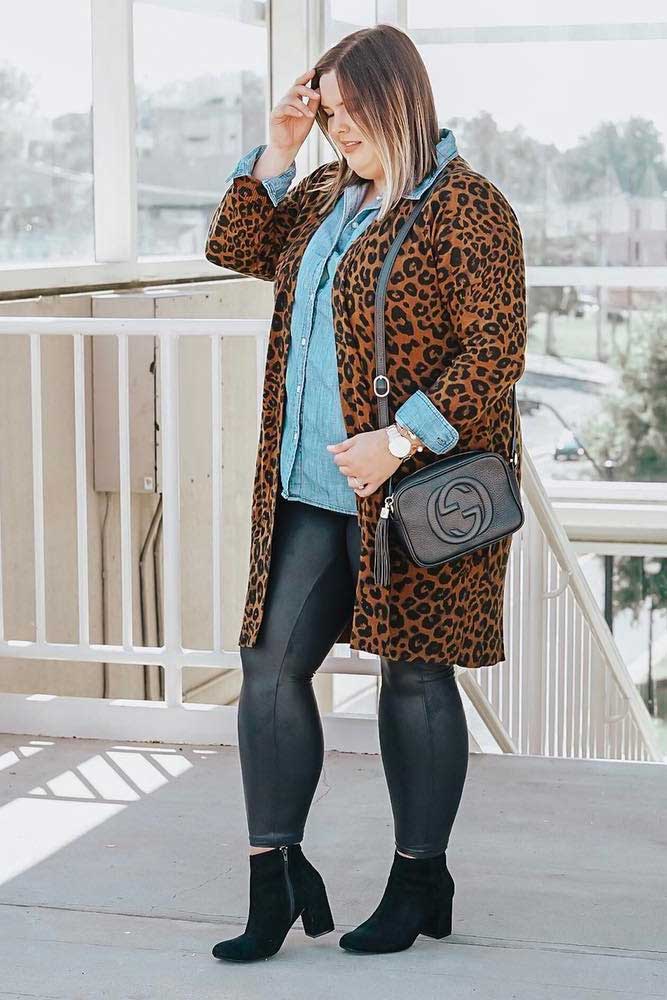 Leopard Plus Size Jacket With Leather Leggings Outfit #leopardcoat #leggings