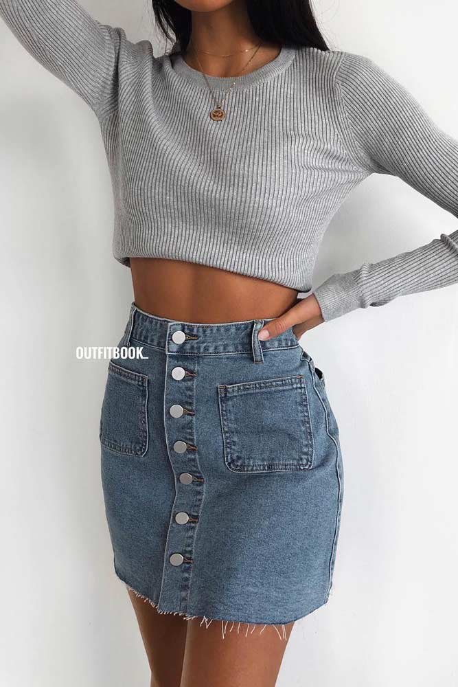 Denim Mini Skirt With Long Sleeved Top #longsleevetop #denimskirt