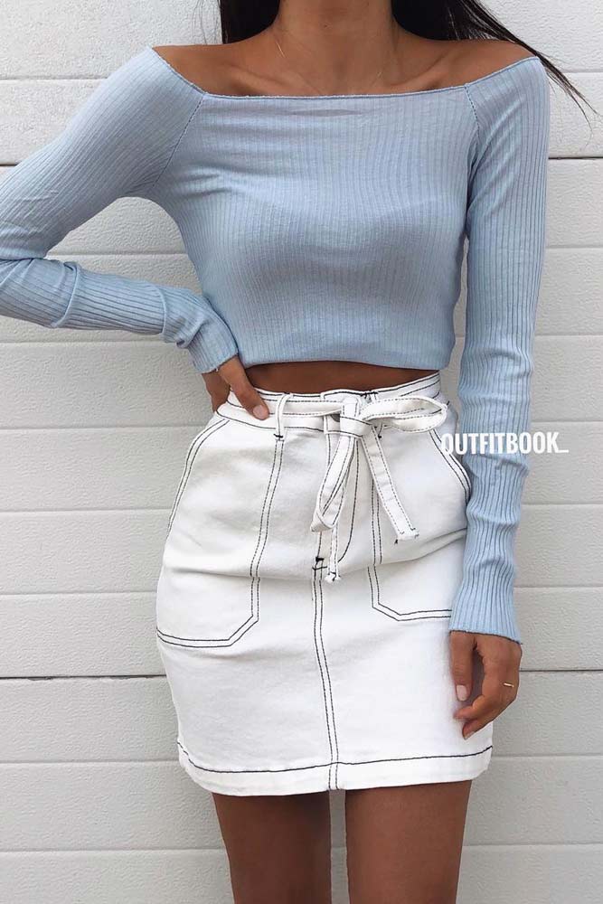 White Mini Skirt With Off The Shoulder Top #offtheshouldertop #