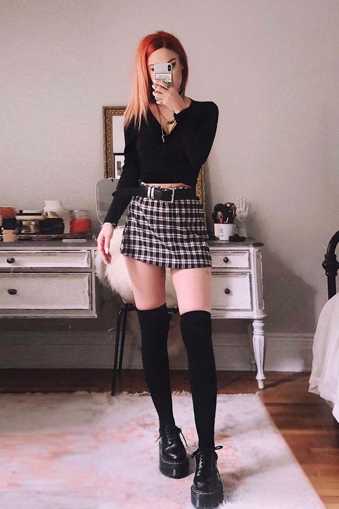 Plaid Mini Skirt With V-Neck Top And Boots #plaidminiskirt #plaidskirt #stockings