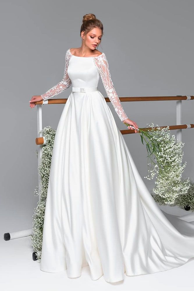 Embroidered Long Sleeve A-Line Wedding Gown #modestweddingdress #prettyweddingdress
