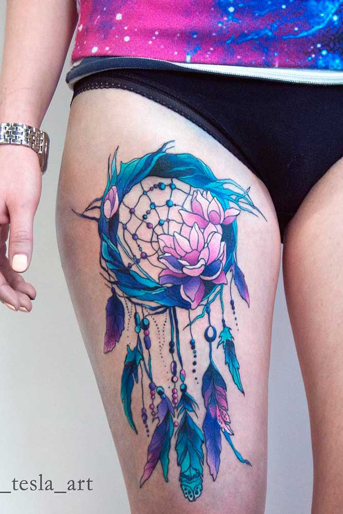 Feminine Thigh Tattoo with Lion and Flowers