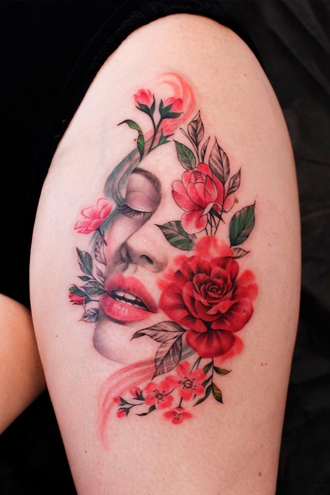 A Floral Portrait Tattoo Design #portraittattoo #floraltattoo