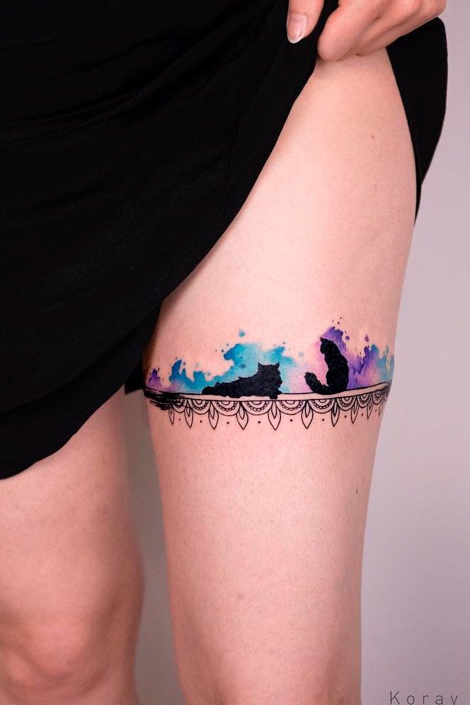 A Galaxy Watercolor Cat Tattoo With The Lace #lacetattoo #cattattoo #watercolortattoo