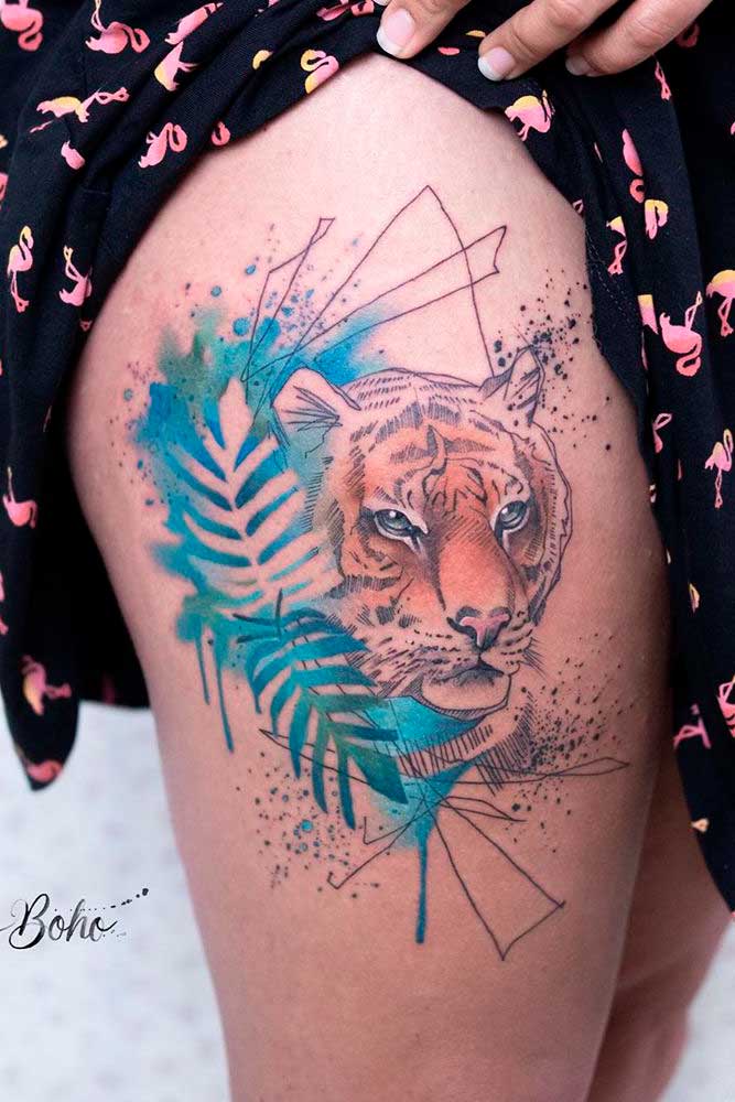 A Thigh Tattoo Design With Tiger #tigertattoo