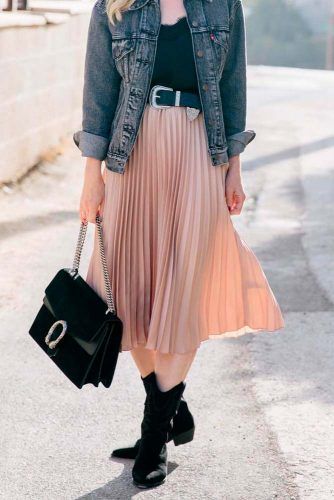 Denim Jacket And Pleated Skirt #casualoutfit #fashion