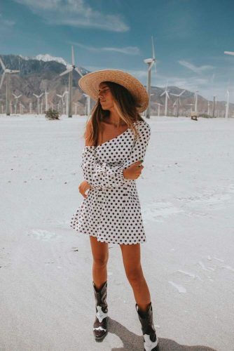 One Shoulder Polka-Dot Mini Dress With A Hat #casualoutfit #minidress