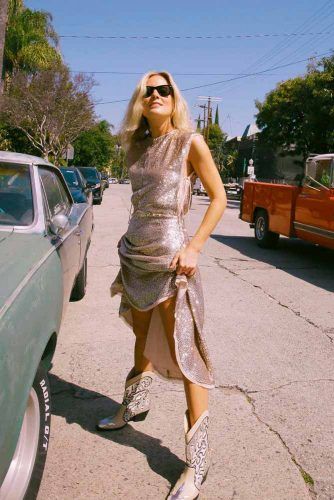 Sparkly Glam Long Dress With Cowboy Boots #glamlook #sparklydress