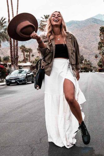 Maxi Skirt With Combat Boots Outfit #croptop #fedorahat