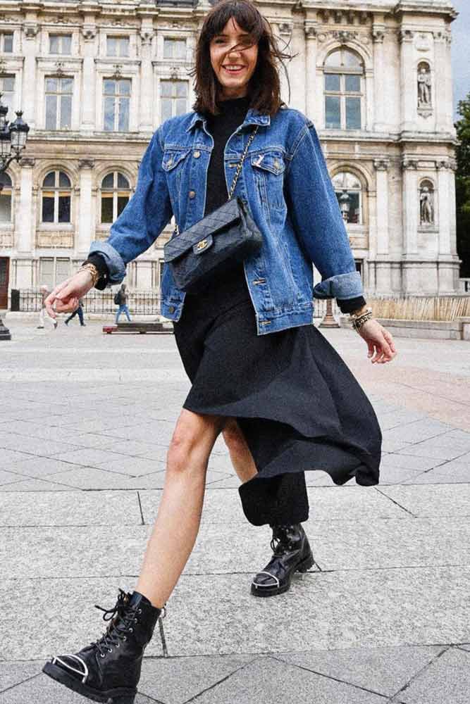 Maxi Dress With Black Boots Outfit #denimjacket
