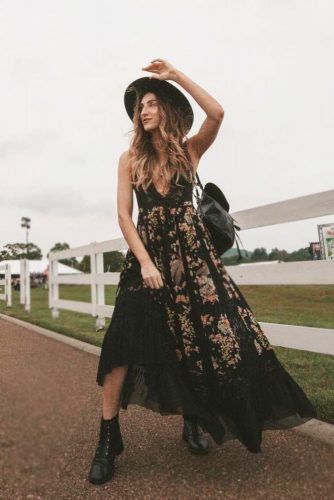 Boho Outfit With Combat Boots #hat #floraldress