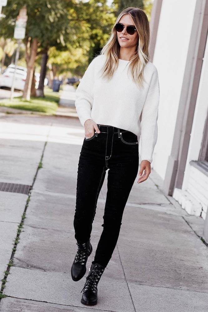 Black And White Outfit With Combat Boots #whitesweater #blackjeans
