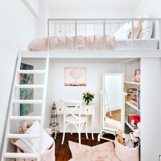 Girls Bedroom With Beauty Space Loft Bed #beautyspace #shelves