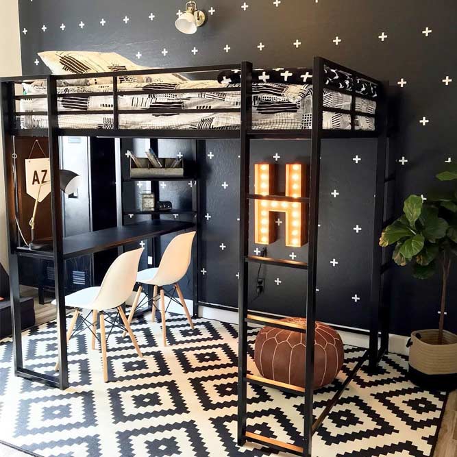 Black Metallic Loft Bed With Study And Rest Space #fullsizebed #desk