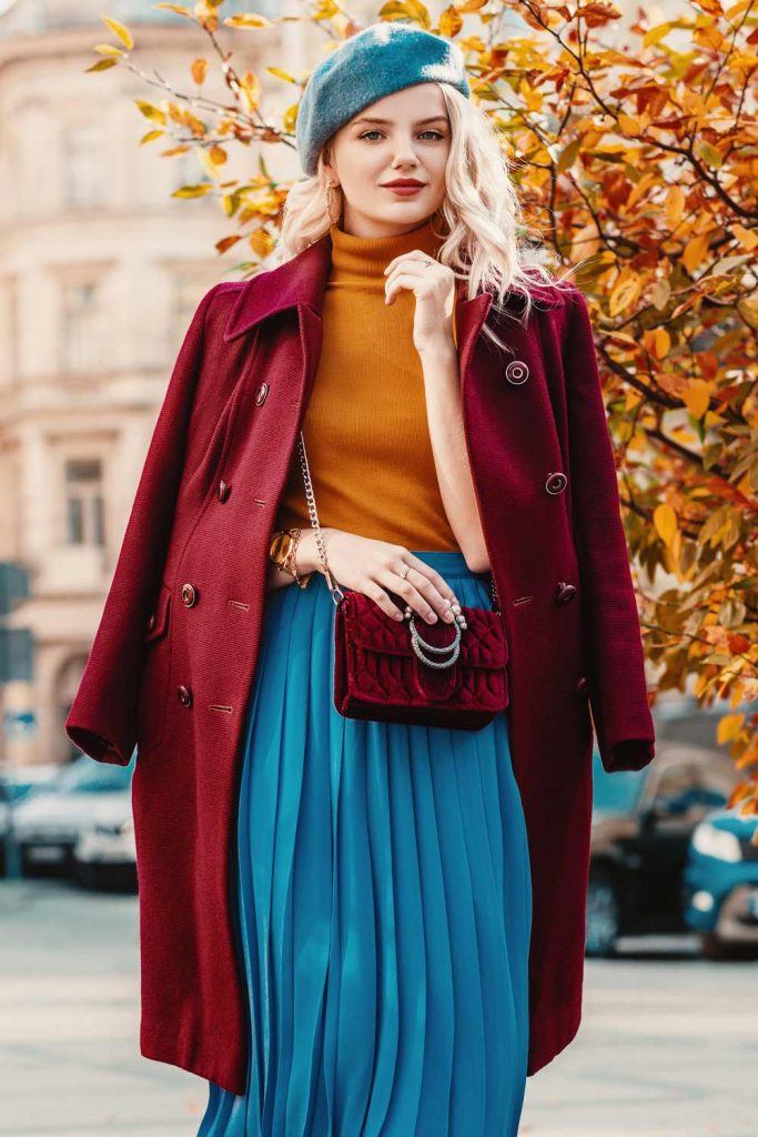 Red Coat with Accented Blue Skirt and Beret