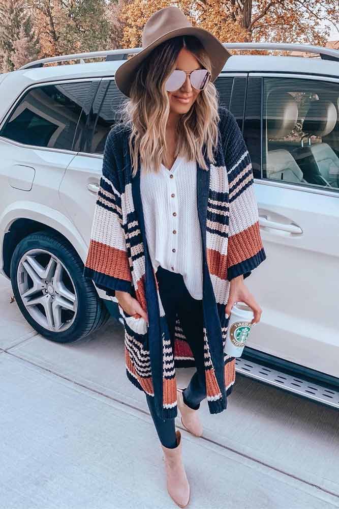 Striped Cardigan With Black Leggings Outfit #stripedcardigan