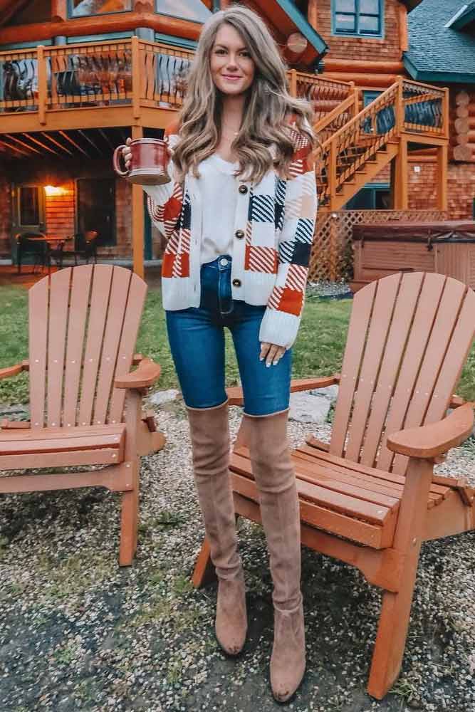 Plaid Cardigan With Over The Knee Boots #plaidcardigan #overkneeboots