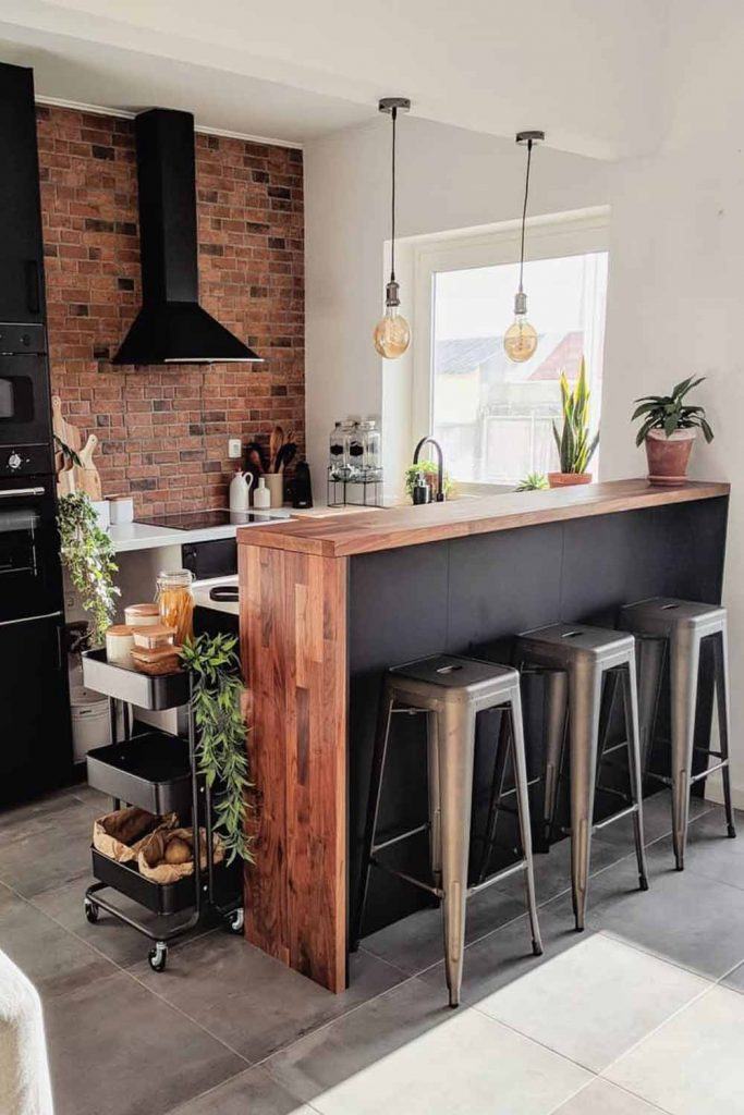 Small Kitchen With Wooden Island And Roller Cart #stools #rollercart