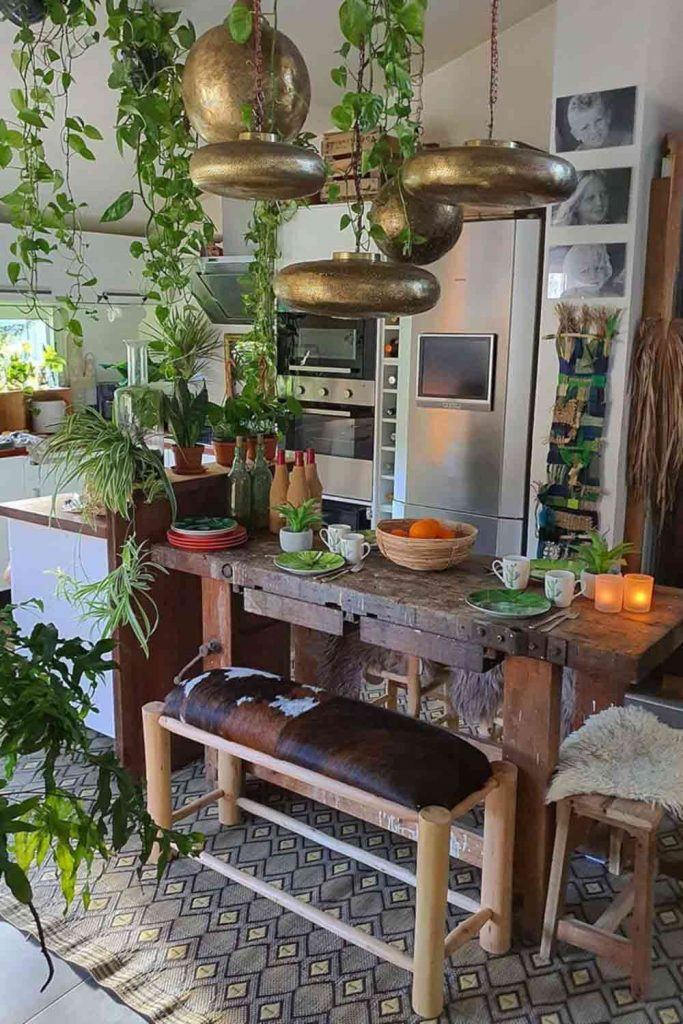 Modern Kitchen With Rustic Table And Boho Décor #plantsdecor