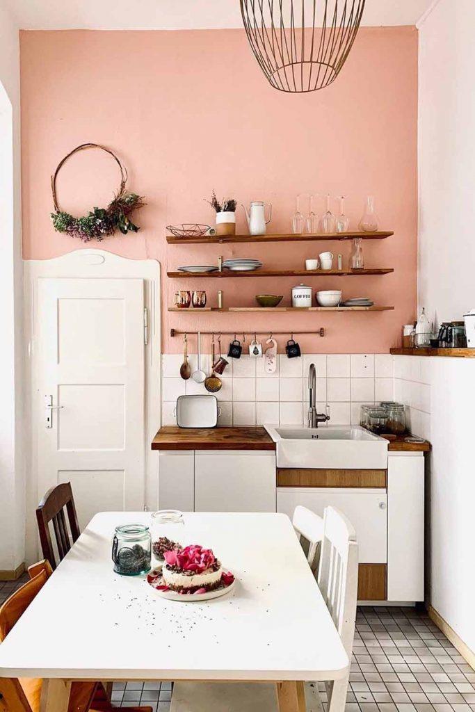 Kitchen Space With Rustic Furniture #pinkwall #rusticshelves