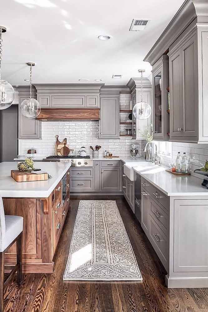 Gray Kitchen With Wooden Accents #woodenisland #graycolors