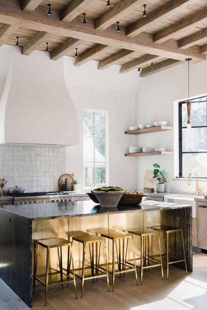 Modern Kitchen Design With Golden Stools Accent #goldenstools