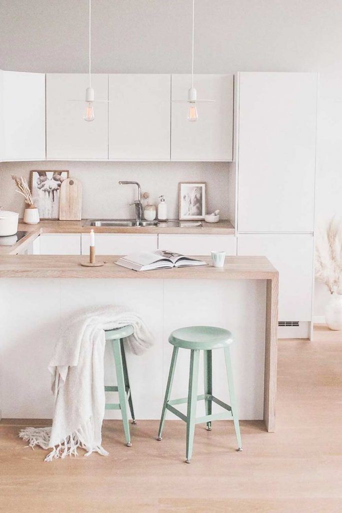 Modern Kitchen Design In White And Pastel Hues #whitekitchen #stools