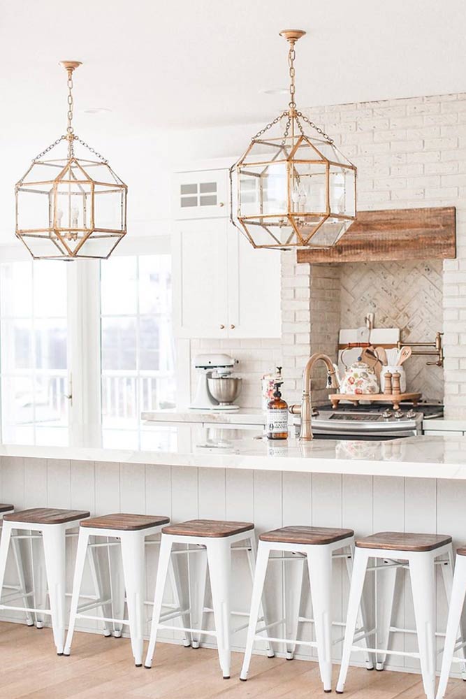 White Kitchen With Golden Lights Accents #goldenlights