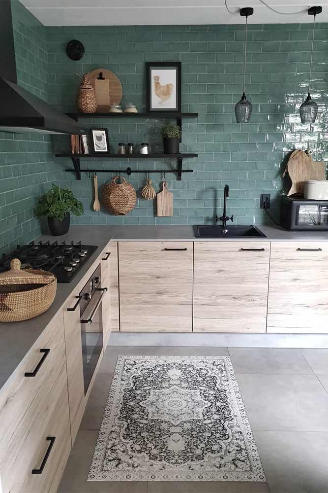 Kitchen With Wooden Cabinets And Teal Backsplash #woodencabinets