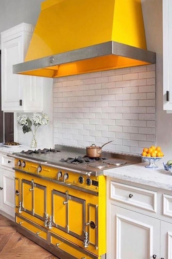 Lemon Yellow Kitchen Idea #yellowaccent #whitebacksplash