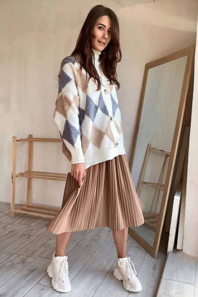 Argyle Patterned Cardigan With Midi Skirt