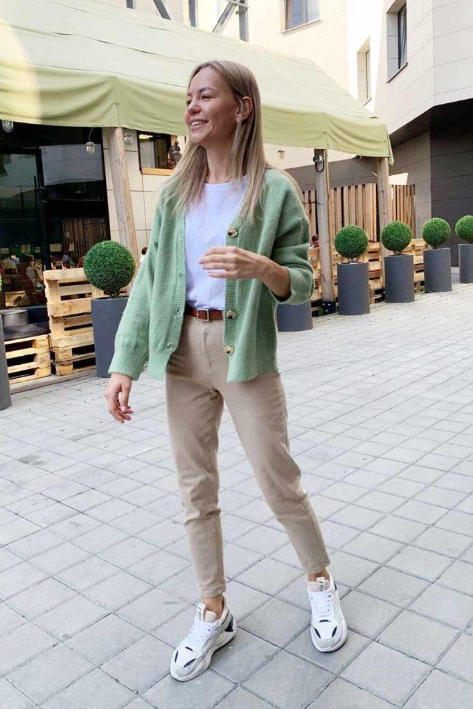 Green Cardigan With Beige Pants 