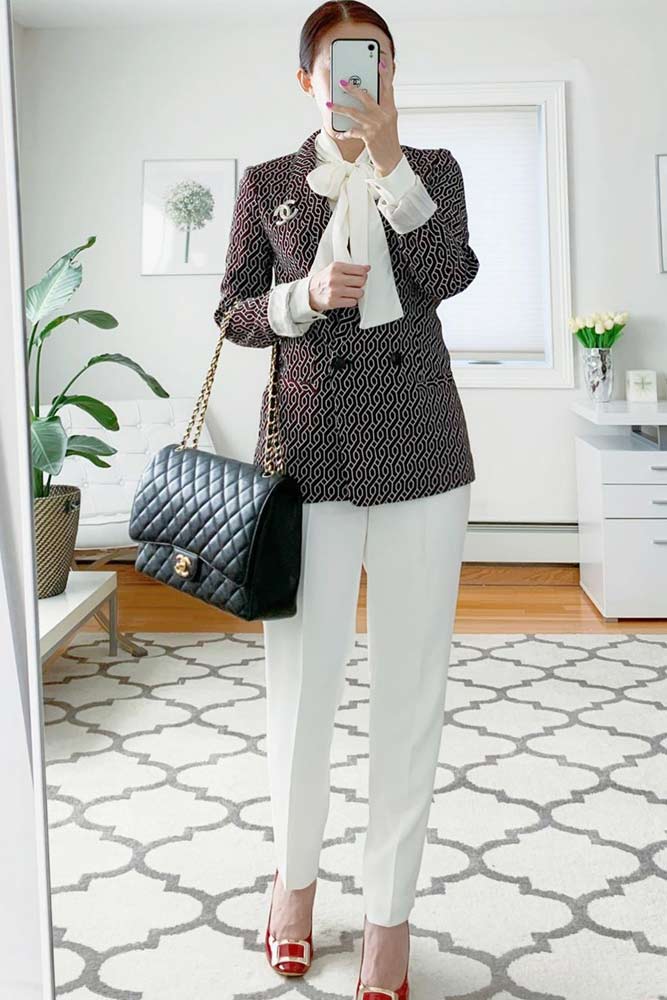 Plaid Blazer With White Trousers Business Outfit #plaidblazer