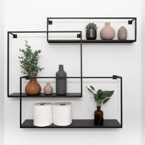 Metallic Black Geometric Bathroom Shelves #bathroomshelves #metallicshelves