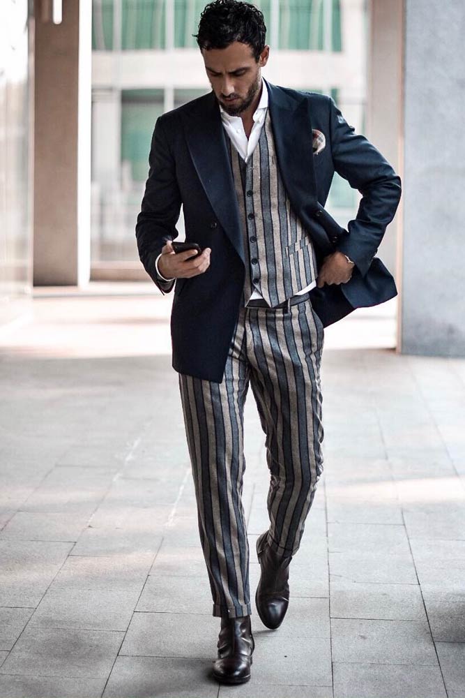 Striped Suit With Deep Blue Jacket #stripedprint #waistcoat