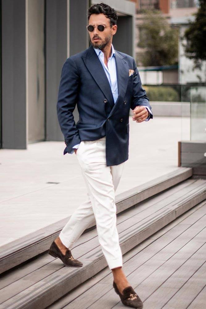 Deep Blue Jacket With White Pants Outfit #whitepants #bluejacket