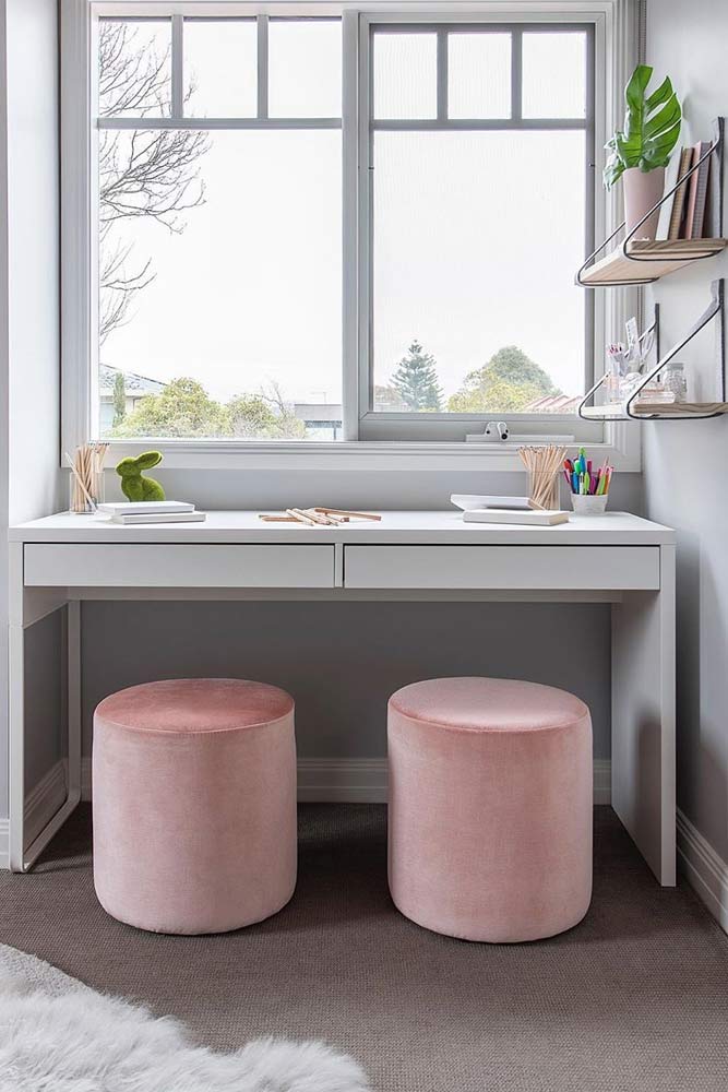 Dual Desk Nook With Pink Stools #dualdesk #pinkstools