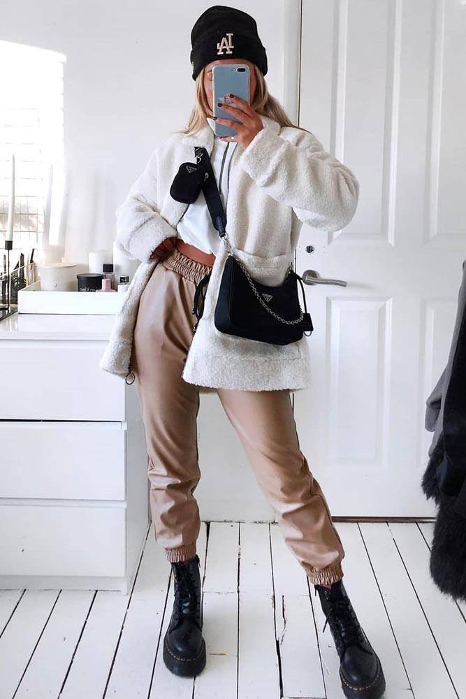 Beige Leather Joggers With Warm Jacket Outfit #joggers #hat