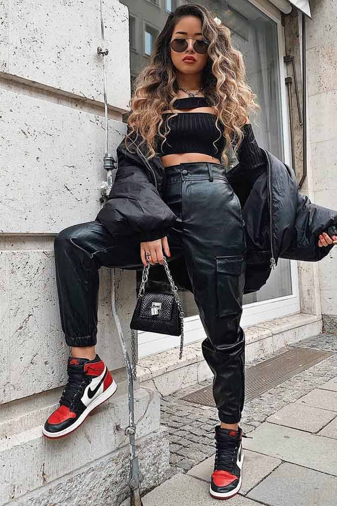 leather pants sneakers