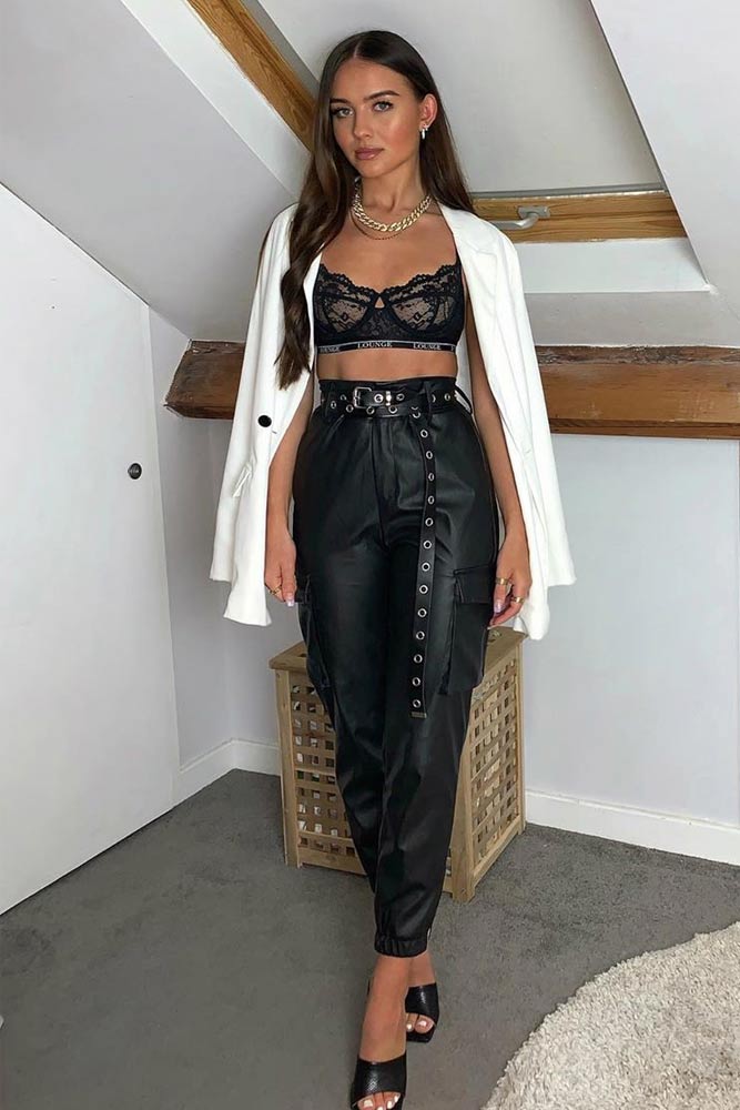 Black Lace Bralette With Leather Pants Outfit #lacebralette #whitejacket