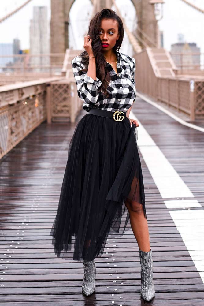 Midi Black Skirt With Flannel Shirt Outfit #plaidshirt #blackskirt