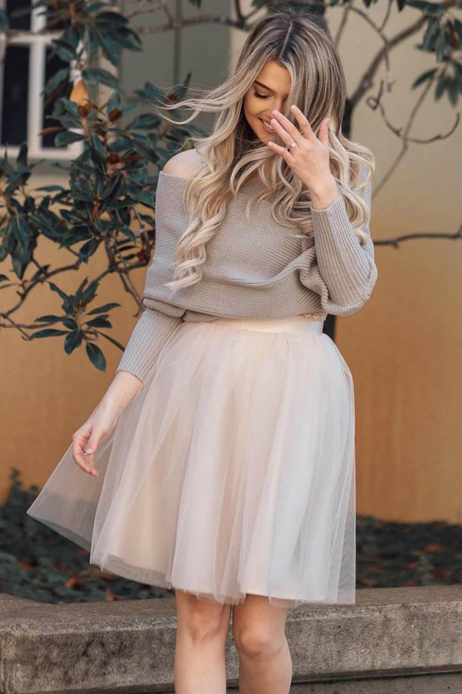 Tulle Skirt With Sweater Outfit #shoulderoffsweater #sweater