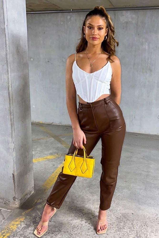 White High Bust Point Top And Leather Cargo Trousers #whitetop #cargopants