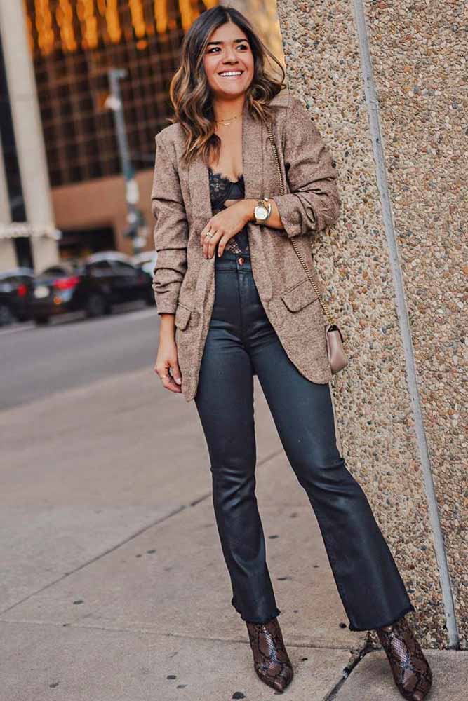 Tweed Beige Jacket With Flare Jeans #flarejeans