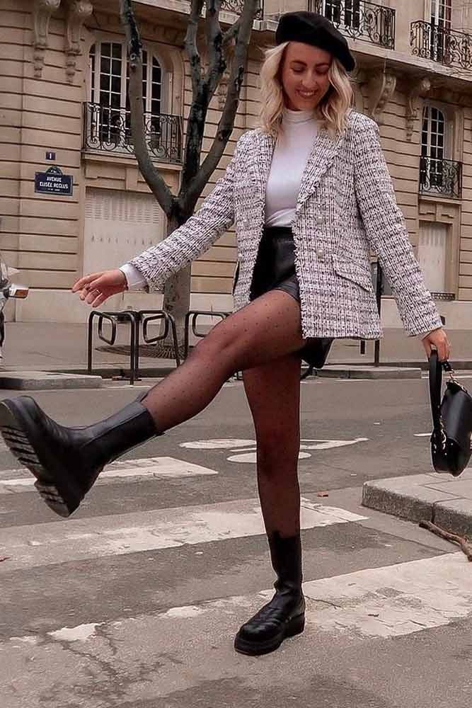 Tweed Jacket With Faux Leather Skirt #blackskirt #beret