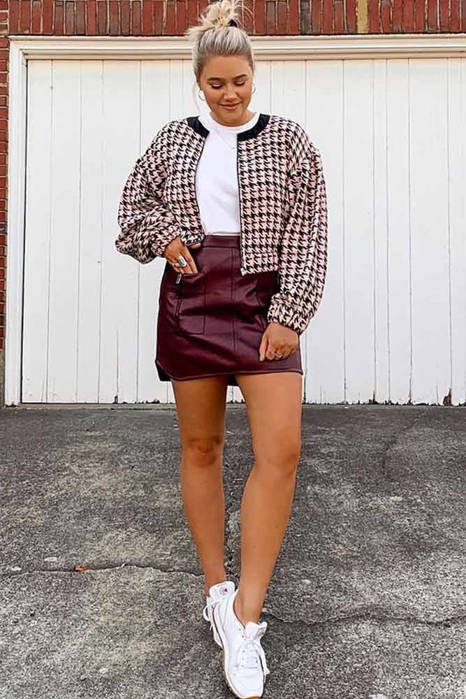 Tweed skirt outlet leather jacket