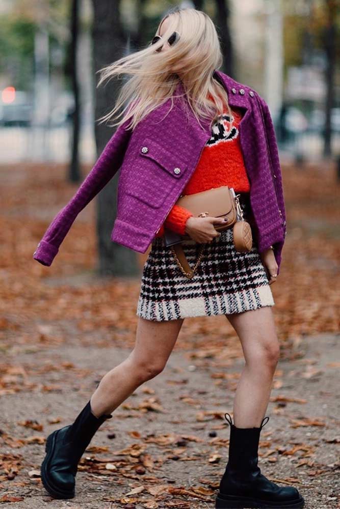 Chanel Jacket With Mini Skirt Outfit #chaneljacket #purplejacket